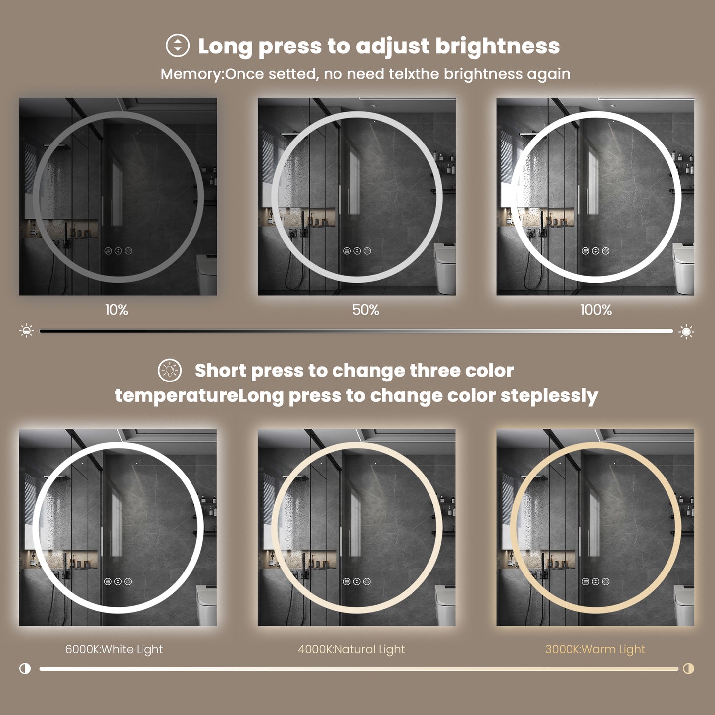 Double-layer LED Bathroom Mirror 48x36 Inch,Wall Mirrors with Anti-Fog Vanity Mirror ,Shatter-Proof,Memory Makeup Mirror with LED Lights
