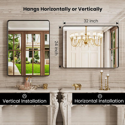 Swafrrt Black Bathroom Vanity Mirror for Wall, 24x32 inch Metal Framed Wall Mirror Rectangular with Tempered Glass, Anti-Rust, Hangs Horizontally or Vertically