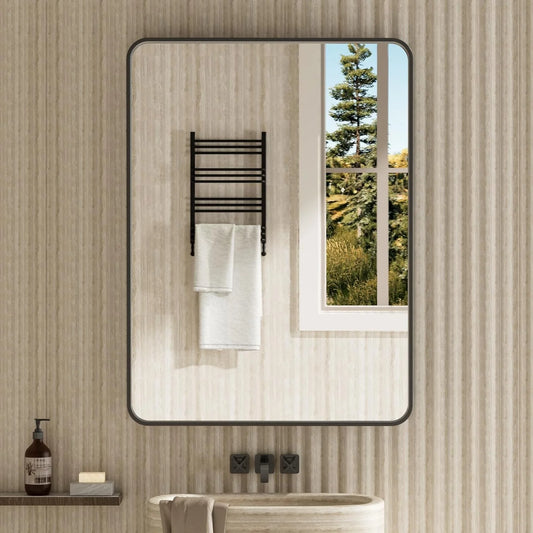 Swafrrt Black Bathroom Vanity Mirror for Wall, 24x36 inch Metal Framed Wall Mirror Rectangular with Tempered Glass, Anti-Rust, Hangs Horizontally or Vertically