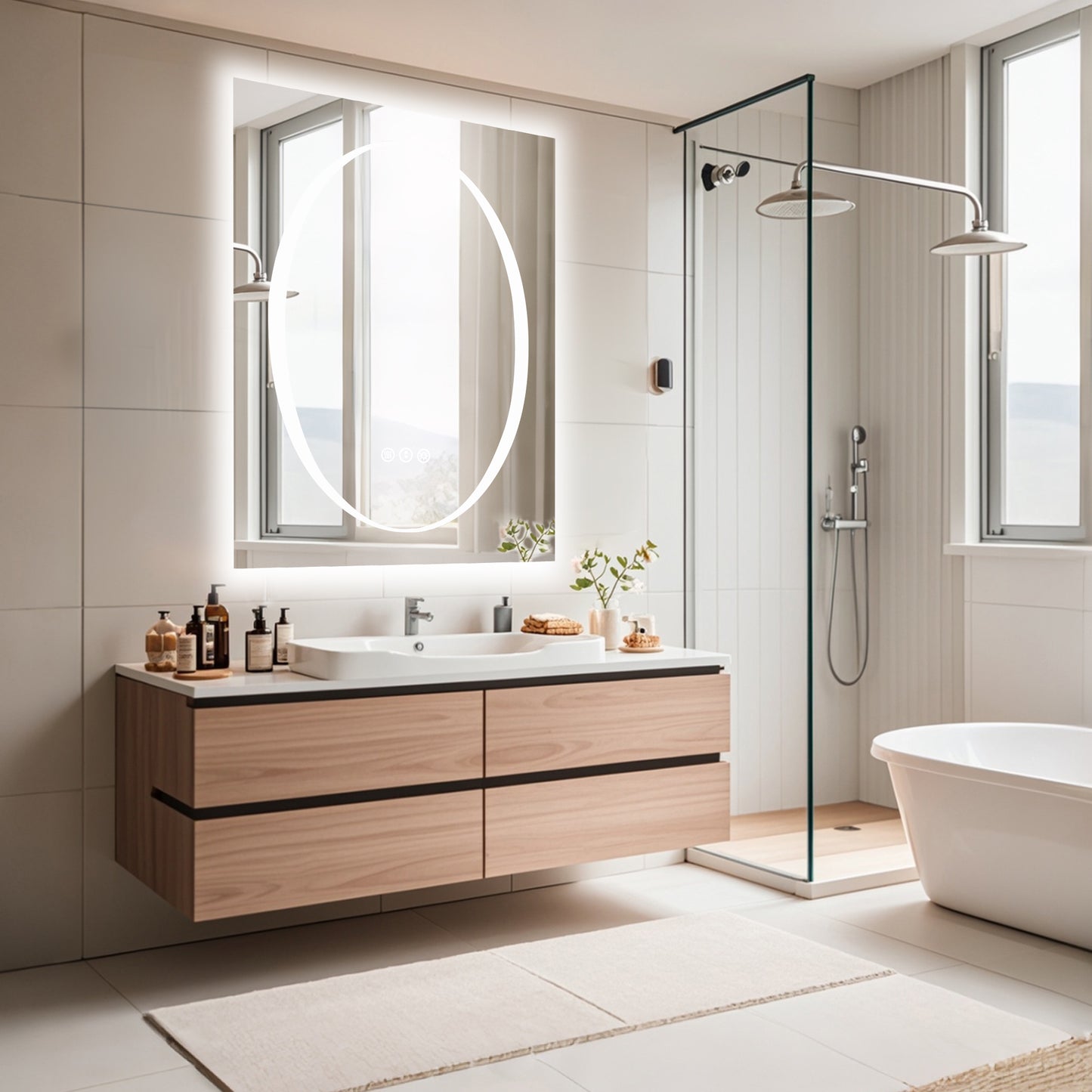 Double-layer LED Bathroom Mirror 24x36 Inch,Wall Mirrors with Anti-Fog Vanity Mirror ,Shatter-Proof,Memory Makeup Mirror with LED Lights