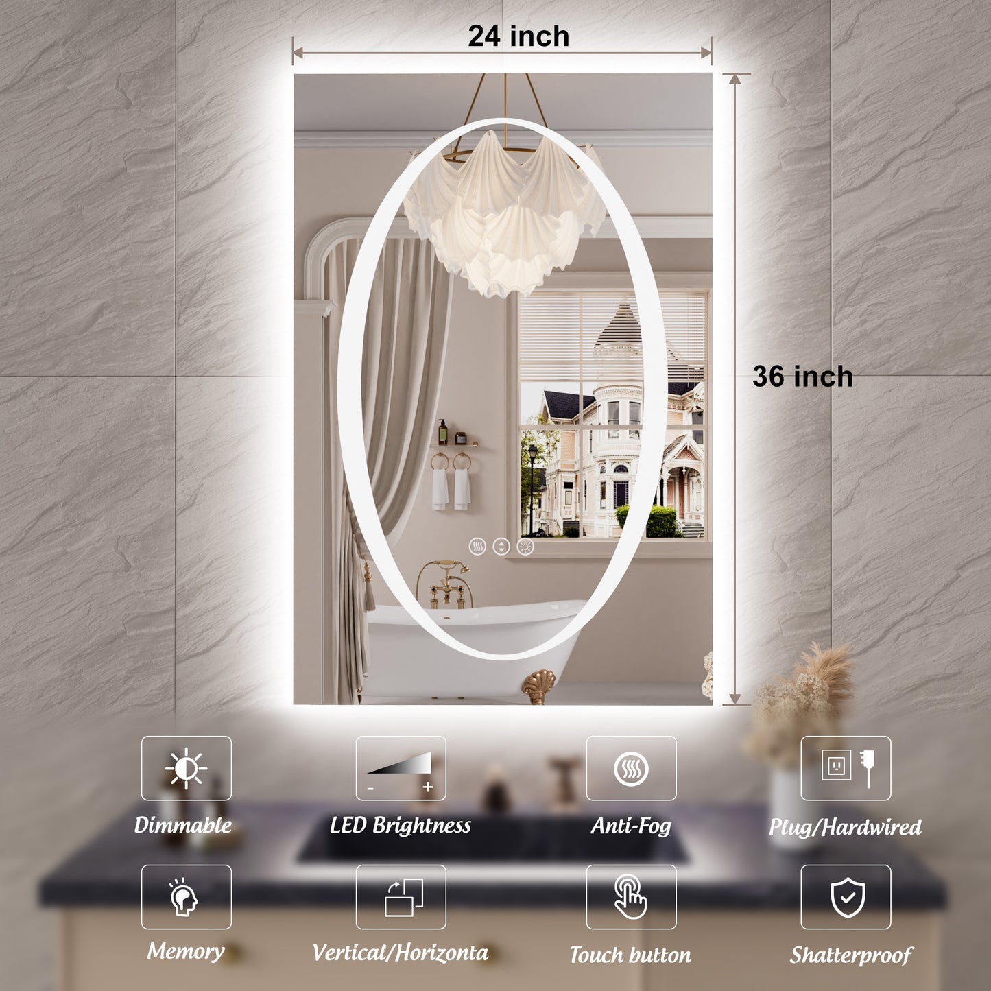 Double-layer LED Bathroom Mirror 24x36 Inch,Wall Mirrors with Anti-Fog Vanity Mirror ,Shatter-Proof,Memory Makeup Mirror with LED Lights
