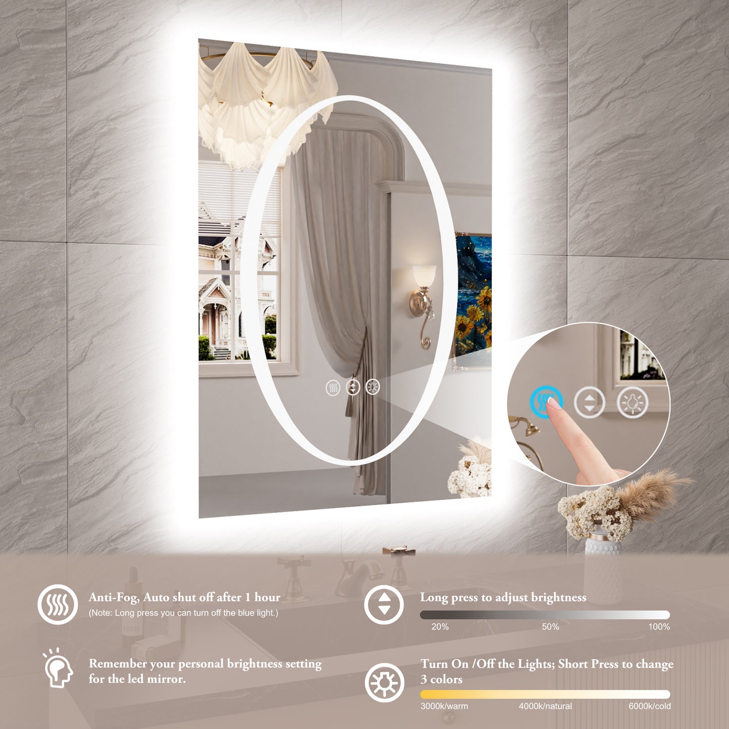 Double-layer LED Bathroom Mirror 24x36 Inch,Wall Mirrors with Anti-Fog Vanity Mirror ,Shatter-Proof,Memory Makeup Mirror with LED Lights