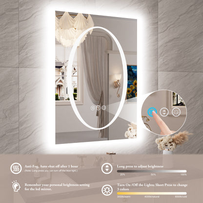 Double-layer LED Bathroom Mirror 28x36 Inch,Wall Mirrors with Anti-Fog Vanity Mirror ,Shatter-Proof,Memory Makeup Mirror with LED Lights