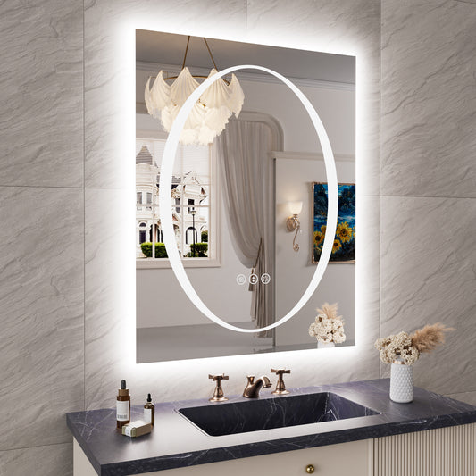 Double-layer LED Bathroom Mirror 28x36 Inch,Wall Mirrors with Anti-Fog Vanity Mirror ,Shatter-Proof,Memory Makeup Mirror with LED Lights