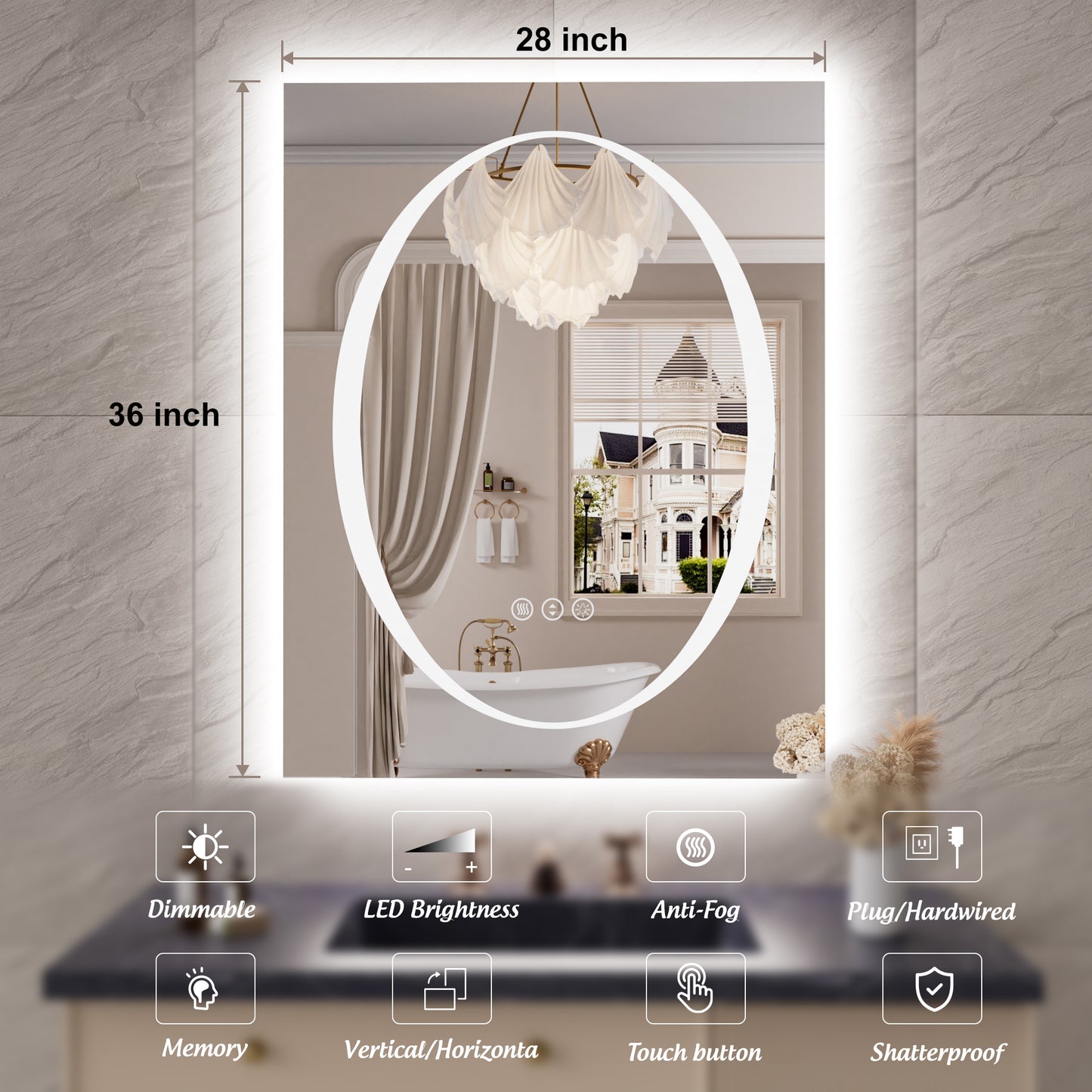 Double-layer LED Bathroom Mirror 28x36 Inch,Wall Mirrors with Anti-Fog Vanity Mirror ,Shatter-Proof,Memory Makeup Mirror with LED Lights