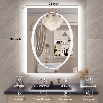 Double-layer LED Bathroom Mirror 28x36 Inch,Wall Mirrors with Anti-Fog Vanity Mirror ,Shatter-Proof,Memory Makeup Mirror with LED Lights