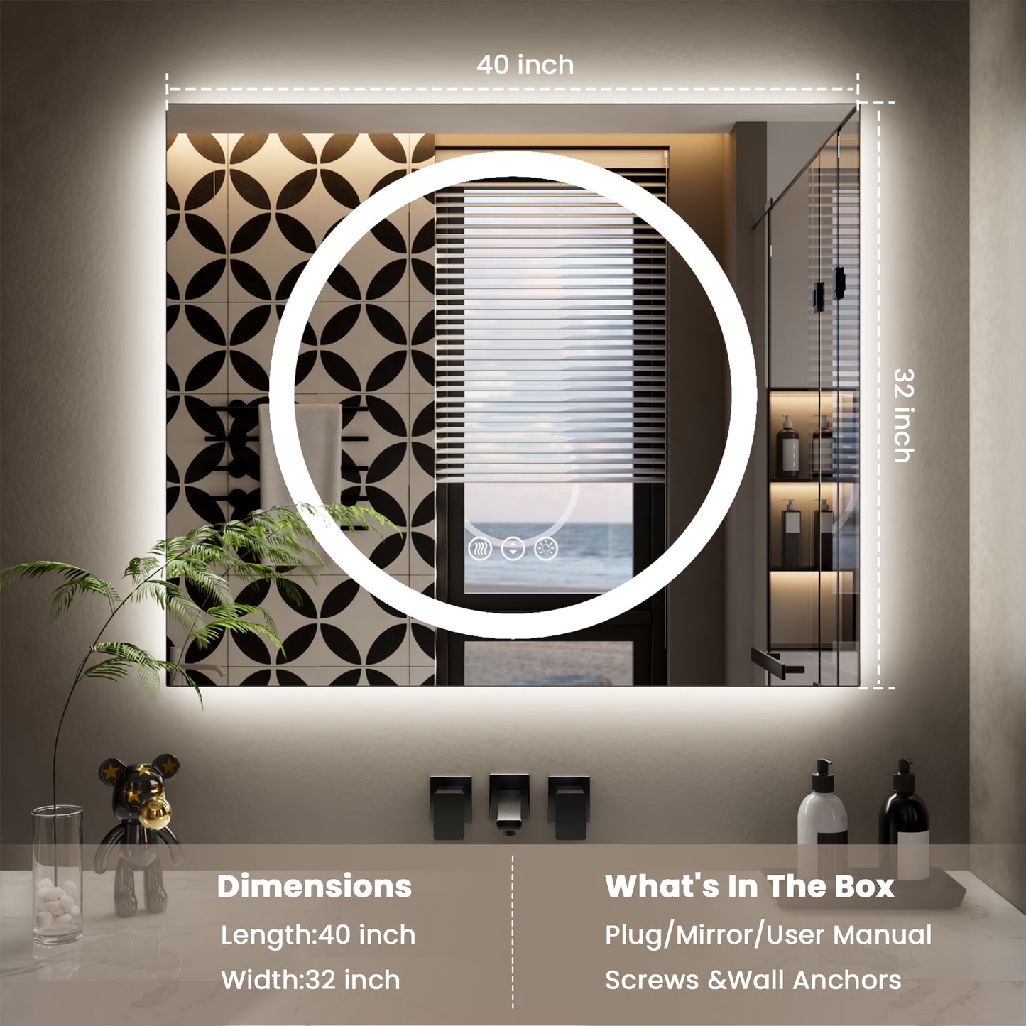 Double-layer LED Bathroom Mirror 40x32 Inch,Wall Mirrors with Anti-Fog Vanity Mirror ,Shatter-Proof,Memory Makeup Mirror with LED Lights