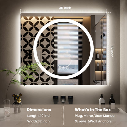 Double-layer LED Bathroom Mirror 40x32 Inch,Wall Mirrors with Anti-Fog Vanity Mirror ,Shatter-Proof,Memory Makeup Mirror with LED Lights
