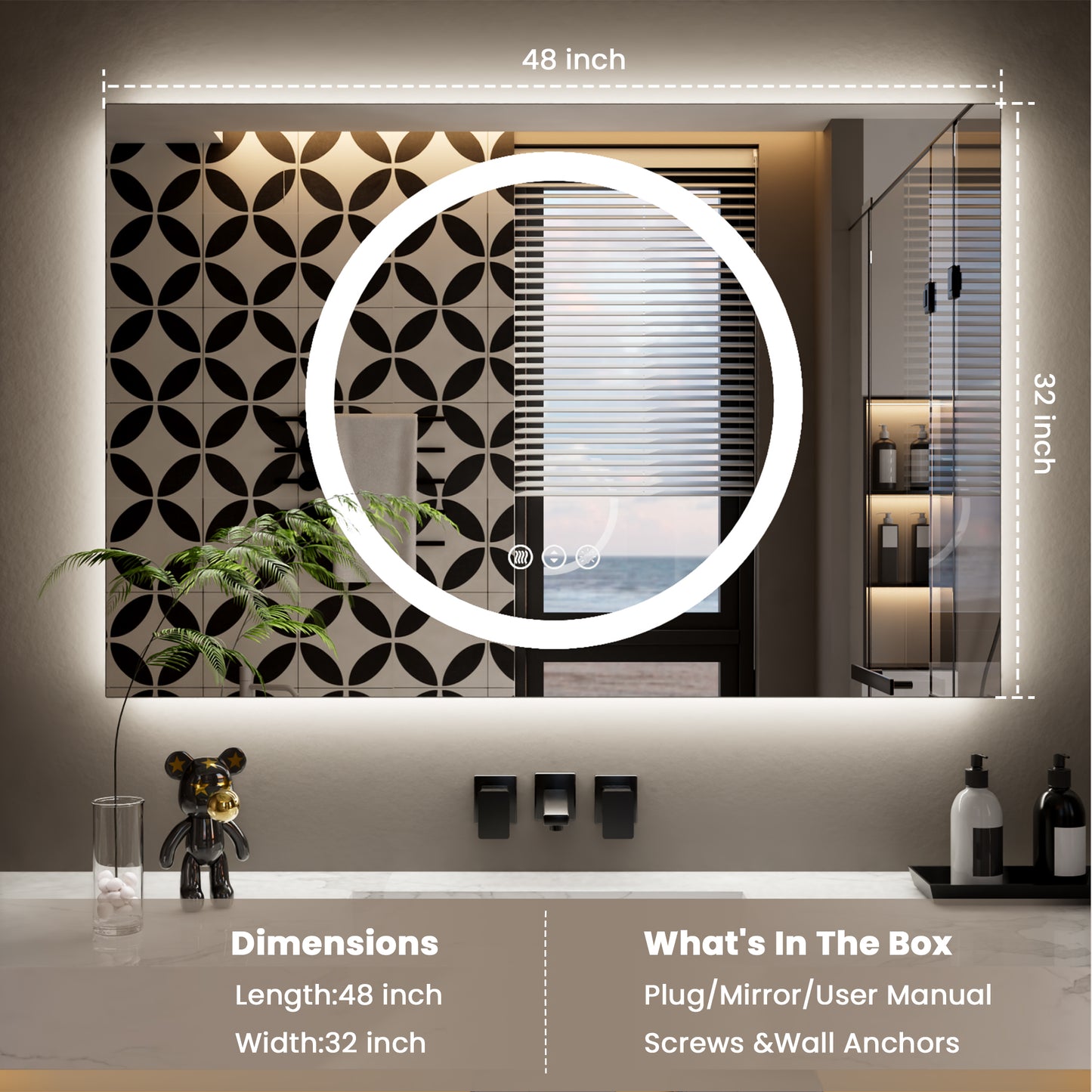 Double-layer LED Bathroom Mirror 48x32 Inch,Wall Mirrors with Anti-Fog Vanity Mirror ,Shatter-Proof,Memory Makeup Mirror with LED Lights