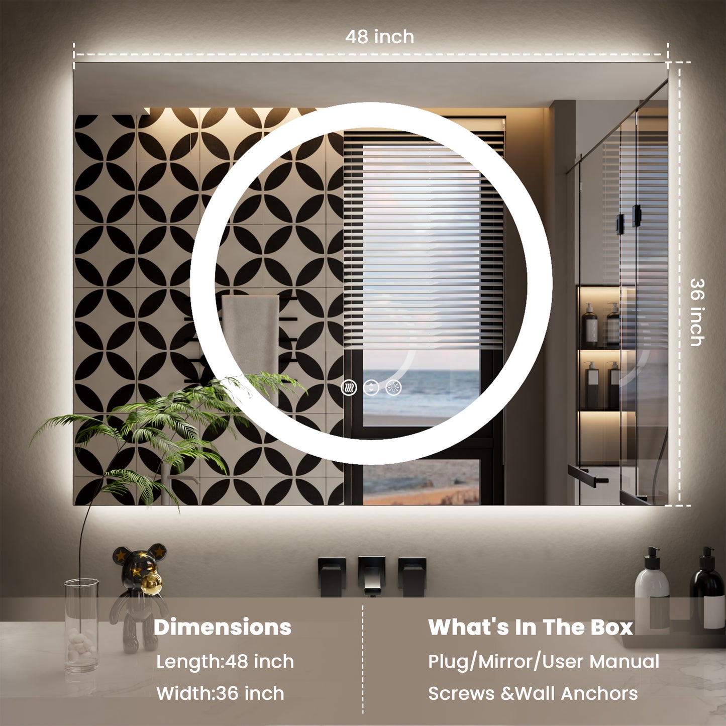 Double-layer LED Bathroom Mirror 48x36 Inch,Wall Mirrors with Anti-Fog Vanity Mirror ,Shatter-Proof,Memory Makeup Mirror with LED Lights