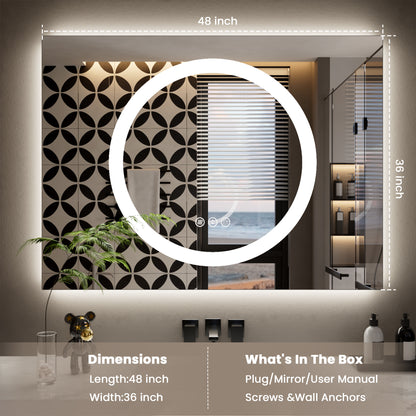 Double-layer LED Bathroom Mirror 48x36 Inch,Wall Mirrors with Anti-Fog Vanity Mirror ,Shatter-Proof,Memory Makeup Mirror with LED Lights