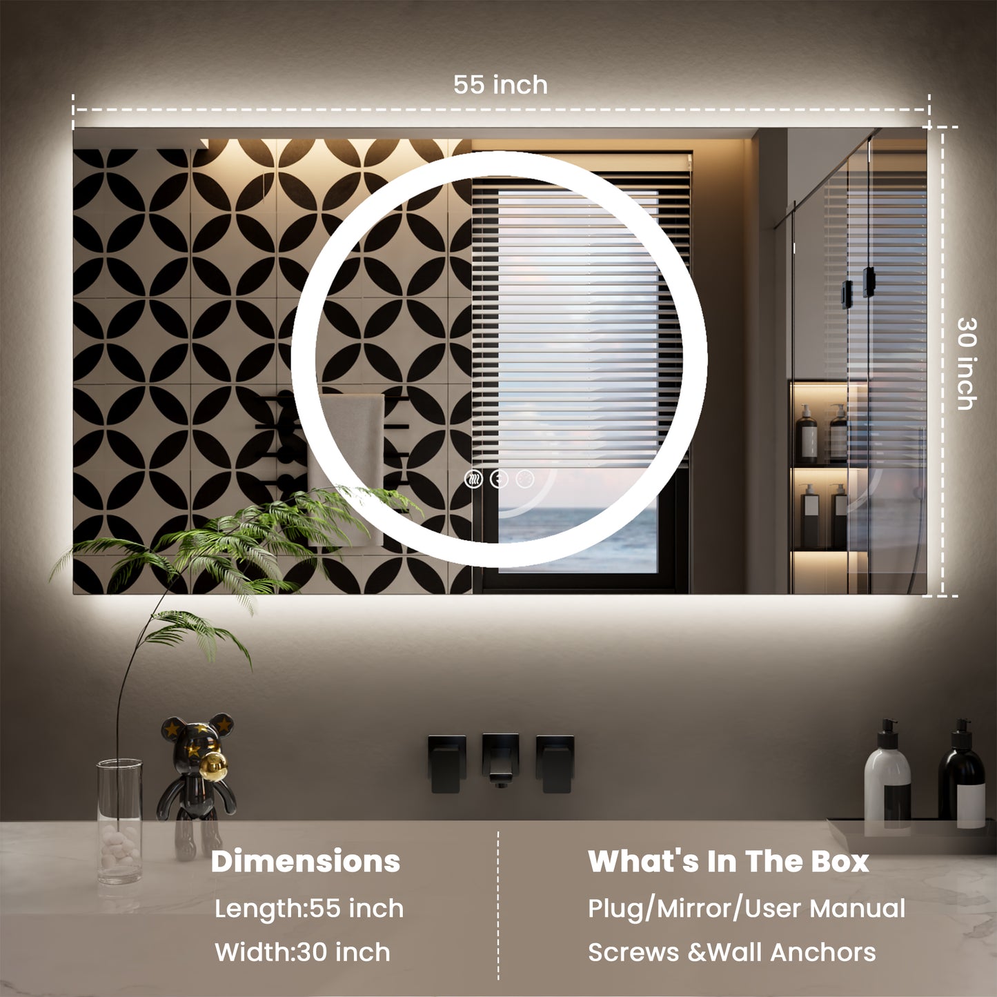 Double-layer LED Bathroom Mirror 55x30 Inch,Wall Mirrors with Anti-Fog Vanity Mirror ,Shatter-Proof,Memory Makeup Mirror with LED Lights