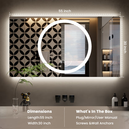 Double-layer LED Bathroom Mirror 55x30 Inch,Wall Mirrors with Anti-Fog Vanity Mirror ,Shatter-Proof,Memory Makeup Mirror with LED Lights