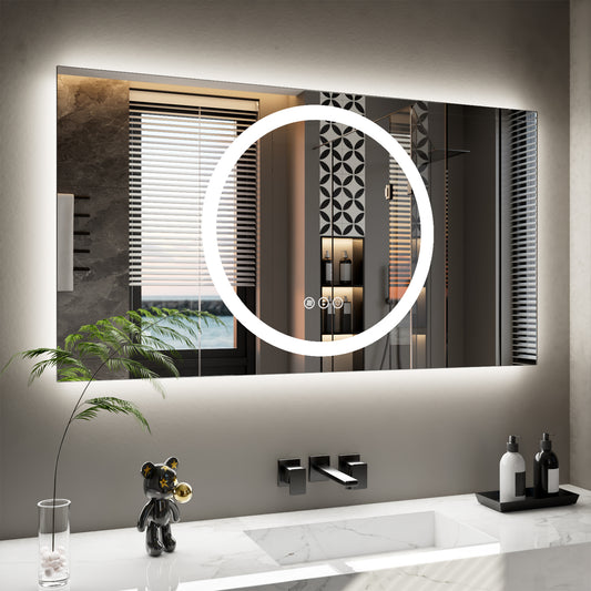 Double-layer LED Bathroom Mirror 55x30 Inch,Wall Mirrors with Anti-Fog Vanity Mirror ,Shatter-Proof,Memory Makeup Mirror with LED Lights