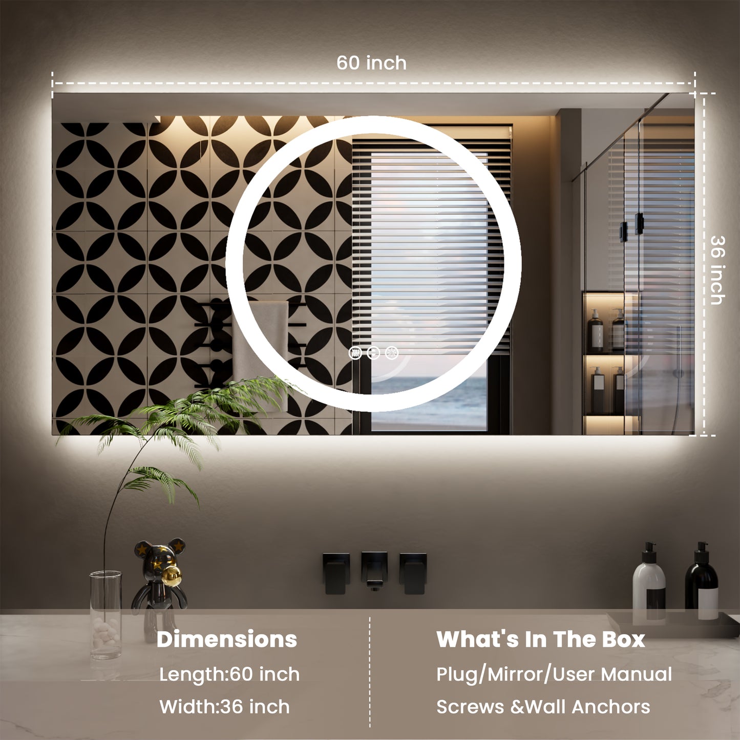 Double-layer LED Bathroom Mirror 60x32 Inch,Wall Mirrors with Anti-Fog Vanity Mirror ,Shatter-Proof,Memory Makeup Mirror with LED Lights
