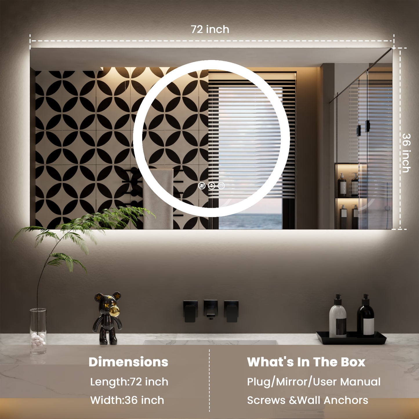 Double-layer LED Bathroom Mirror 72*36 Inch,Wall Mirrors with Anti-Fog Vanity Mirror ,Shatter-Proof,Memory Makeup Mirror with LED Lights