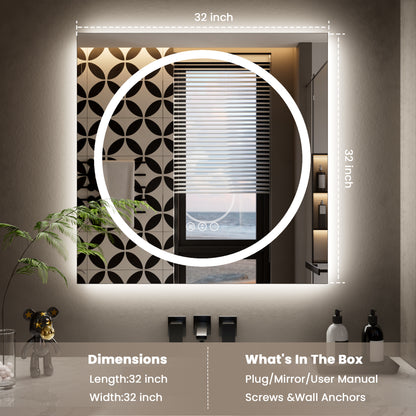 Double-layer LED Bathroom Mirror 32x32 Inch,Wall Mirrors with Anti-Fog Vanity Mirror ,Shatter-Proof,Memory Makeup Mirror with LED Lights