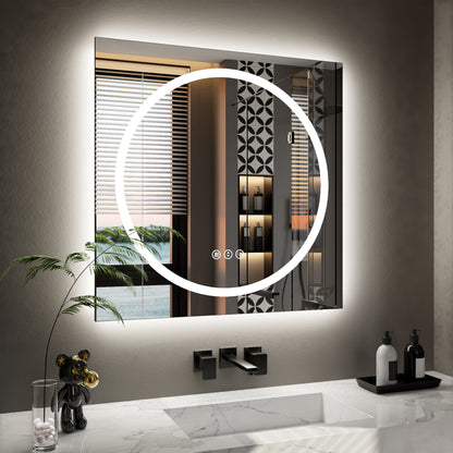 Double-layer LED Bathroom Mirror 32x32 Inch,Wall Mirrors with Anti-Fog Vanity Mirror ,Shatter-Proof,Memory Makeup Mirror with LED Lights