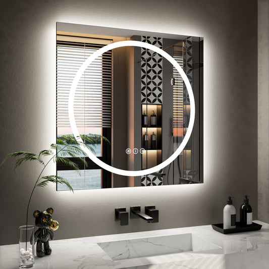 Double-layer LED Bathroom Mirror 32x32 Inch,Wall Mirrors with Anti-Fog Vanity Mirror ,Shatter-Proof,Memory Makeup Mirror with LED Lights
