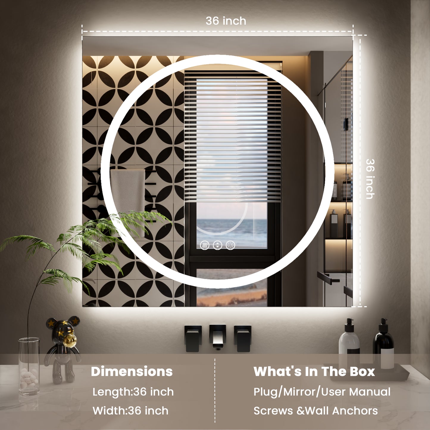 Double-layer LED Bathroom Mirror 36x36 Inch,Wall Mirrors with Anti-Fog Vanity Mirror ,Shatter-Proof,Memory Makeup Mirror with LED Lights