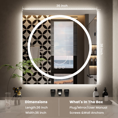 Double-layer LED Bathroom Mirror 36x36 Inch,Wall Mirrors with Anti-Fog Vanity Mirror ,Shatter-Proof,Memory Makeup Mirror with LED Lights